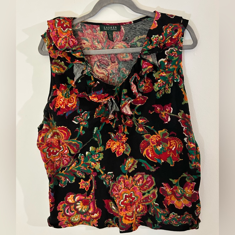 Lauren Ralph Lauren Floral on black sleeveless V neck top with ruffle neck sz 2X